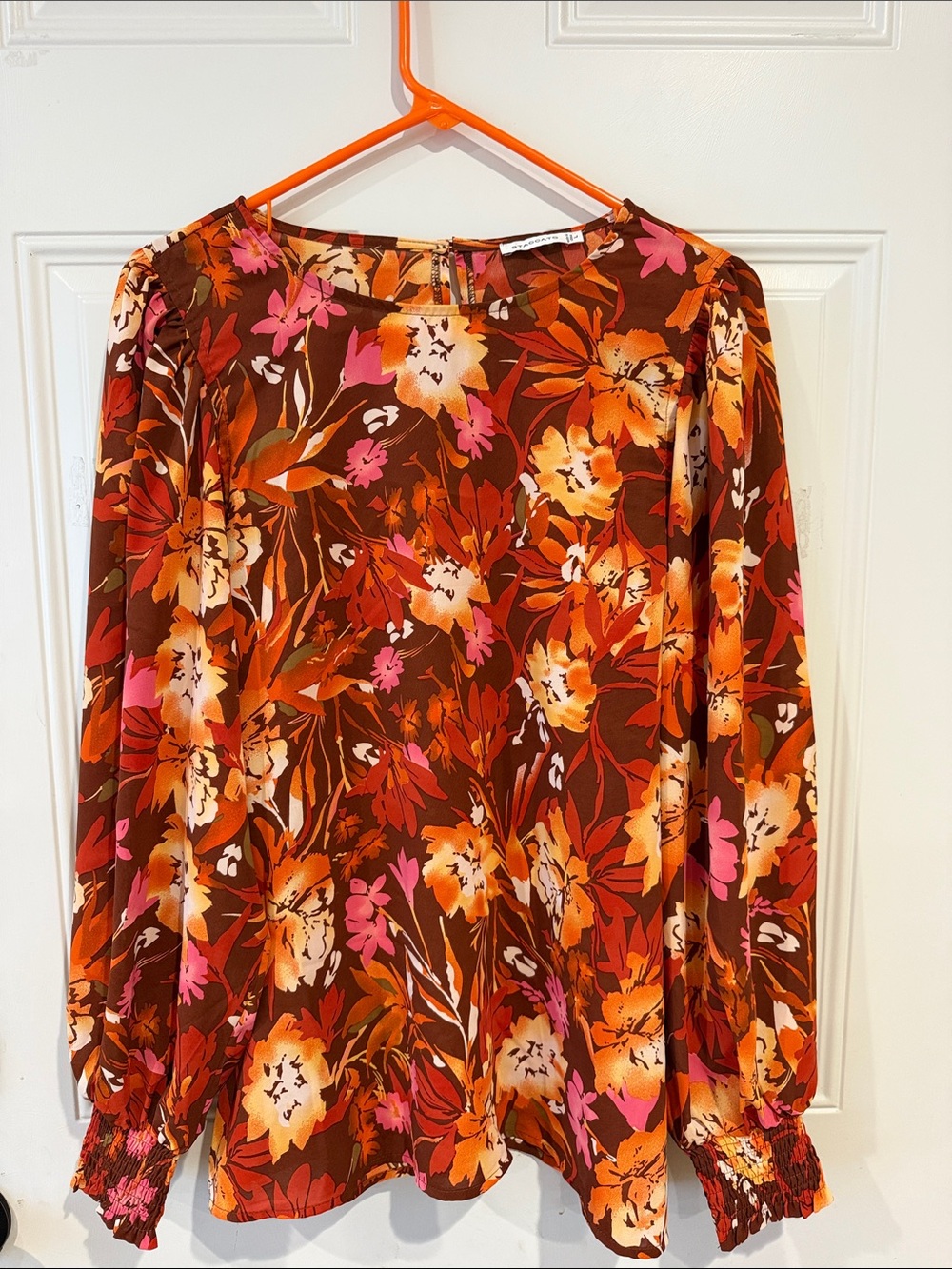 Staccato Floral Long-Sleeve Blouse in Brown, Orange & Pink